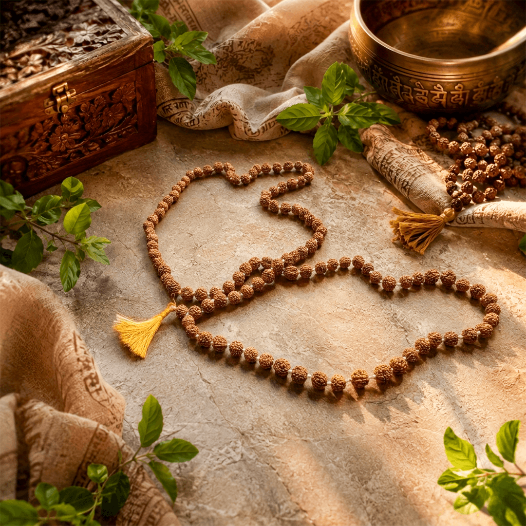 Original 5 Mukhi Rudraksha Mala with 108 natural beads and yellow tassel for meditation, mantra chanting, yoga, and spiritual growth