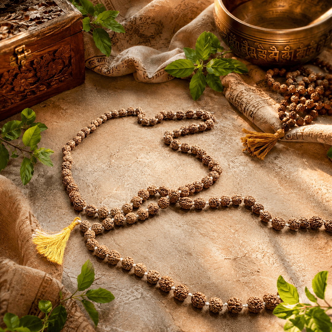 Original 5 Mukhi Rudraksha Mala with 108 natural beads and yellow tassel for meditation, mantra chanting, yoga, and spiritual growth