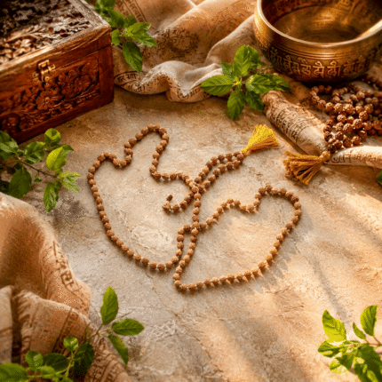 Original 5 Mukhi Rudraksha Mala with 108 natural beads and yellow tassel for meditation, mantra chanting, yoga, and spiritual growth