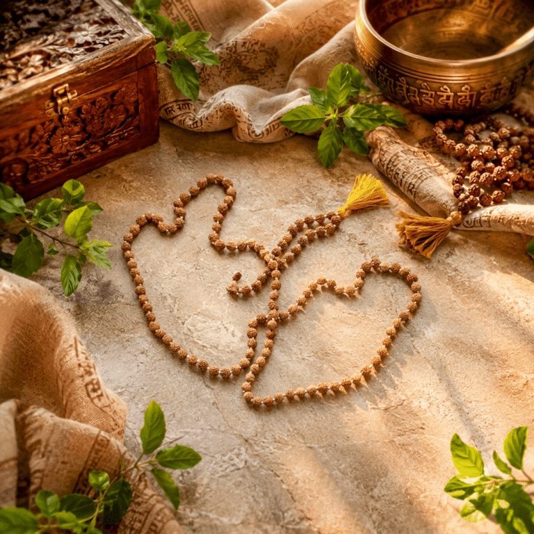 Original 5 Mukhi Rudraksha Mala with 108 natural beads and yellow tassel for meditation, mantra chanting, yoga, and spiritual growth