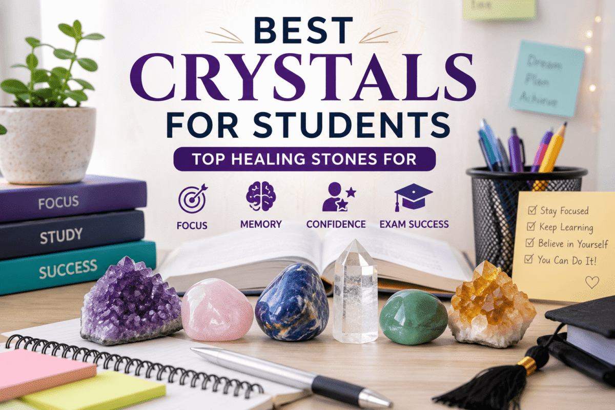 Student studying with Clear Quartz, Fluorite, Amethyst, Citrine, and Tiger Eye crystals for focus, memory, confidence, and exam success.