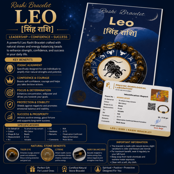 Leo Zodiac Sign Bracelet (Simha Rashi) | Lucky Crystal Bracelet for Confidence, Leadership, Success & Positive Energy
