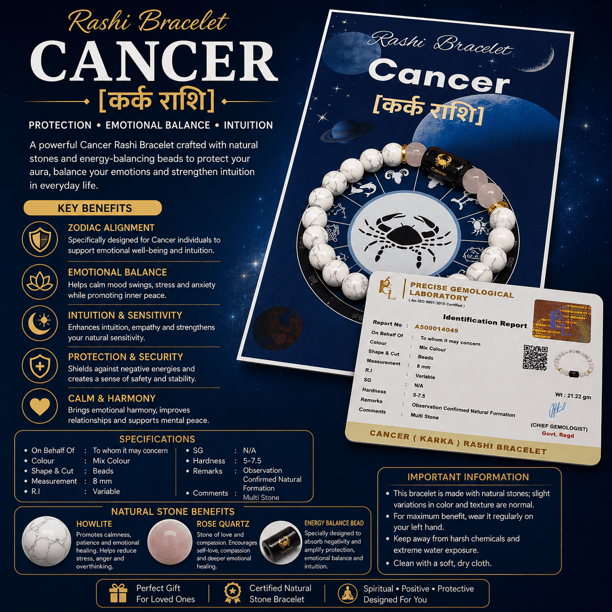 Cancer Zodiac Bracelet (Kark Rashi) with Natural Howlite & Milky Quartz Cancer Zodiac Bracelet (Kark Rashi) with Natural Howlite & Milky Quartz