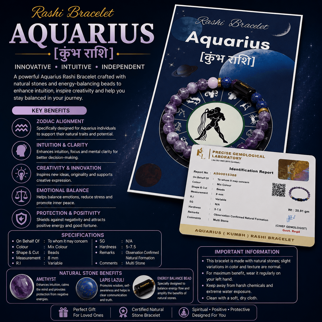 Aquarius Zodiac Sign Bracelet (Kumbh Rashi) | Lucky Crystal Bracelet for Innovation, Wisdom, Success & Positive Energy Aquarius Zodiac Sign Bracelet (Kumbh Rashi) | Lucky Crystal Bracelet for Innovation, Wisdom, Success & Positive Energy