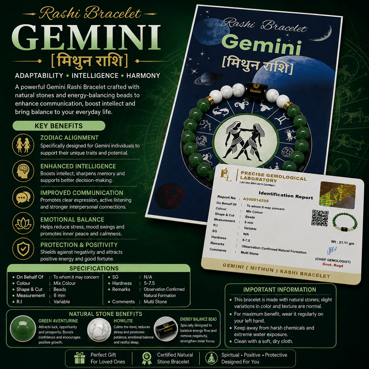 Gemini Zodiac Bracelet – Green Aventurine & Milky Quartz | Mithun Rashi Gemini Zodiac Bracelet – Green Aventurine & Milky Quartz | Mithun Rashi