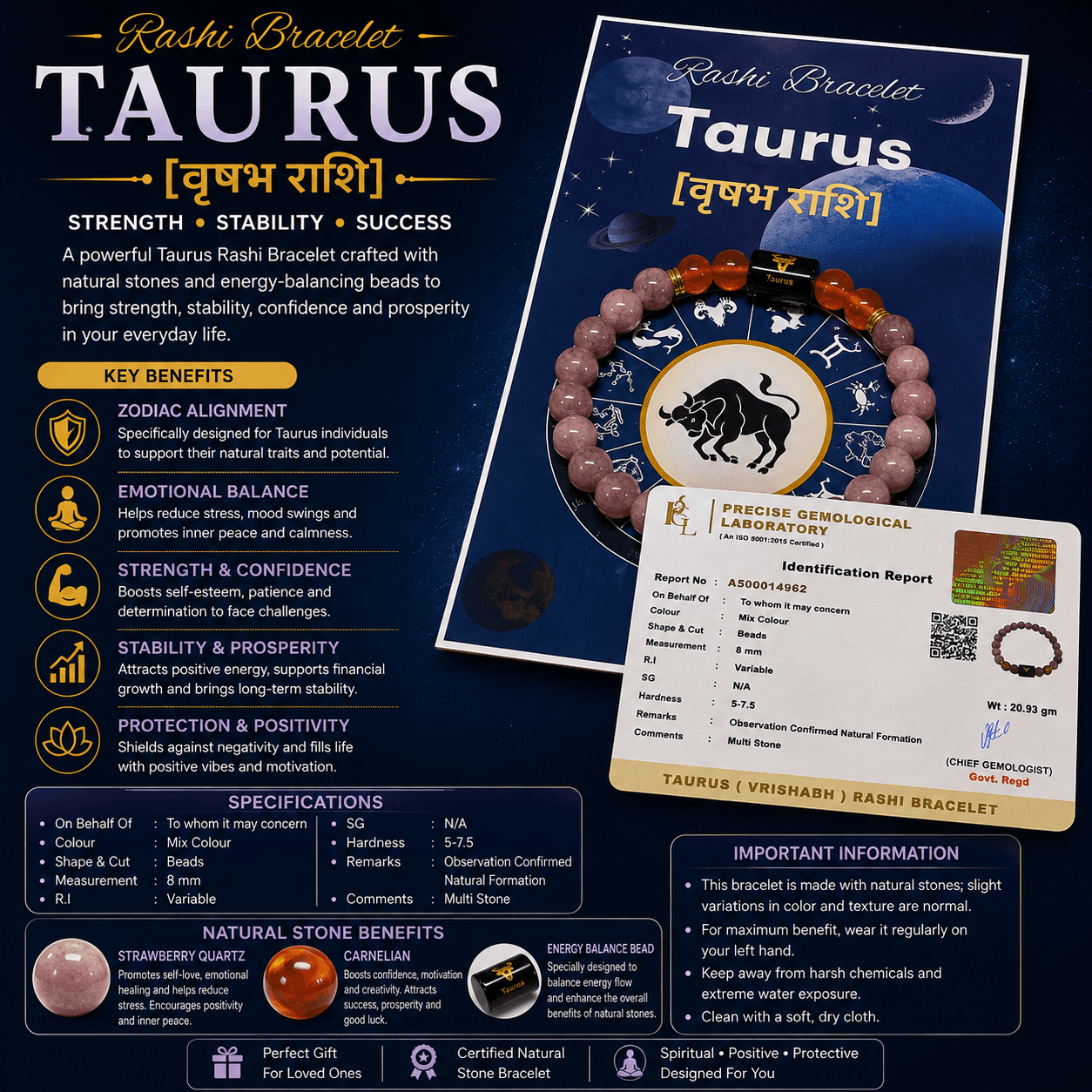 Taurus Zodiac Sign Bracelet (Vrishabh Rashi) | Lucky Crystal Bracelet for Stability, Prosperity, Love & Positive Energy Taurus Zodiac Sign Bracelet (Vrishabh Rashi) | Lucky Crystal Bracelet for Stability, Prosperity, Love & Positive Energy