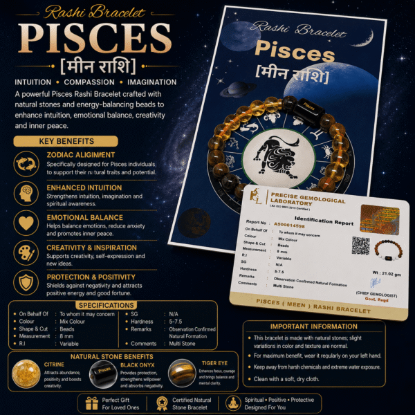 Pisces Zodiac Sign Bracelet (Meen Rashi) | Lucky Crystal Bracelet for Intuition, Emotional Balance, Spiritual Growth & Positive Energy