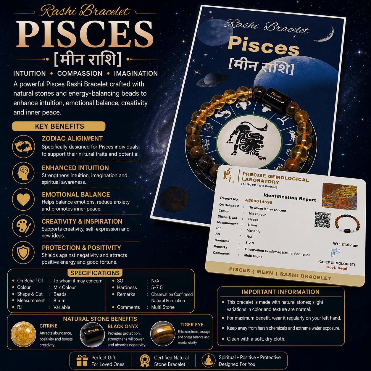 Pisces Zodiac Sign Bracelet (Meen Rashi) | Lucky Crystal Bracelet for Intuition, Emotional Balance, Spiritual Growth & Positive Energy