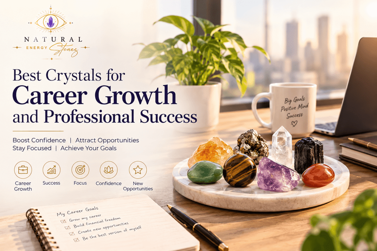 Best crystals for career growth and professional success, including Citrine, Pyrite, Tiger Eye, Clear Quartz, Green Aventurine and Carnelian on an office desk