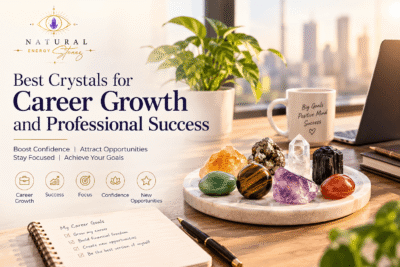 Best crystals for career growth and professional success, including Citrine, Pyrite, Tiger Eye, Clear Quartz, Green Aventurine and Carnelian on an office desk
