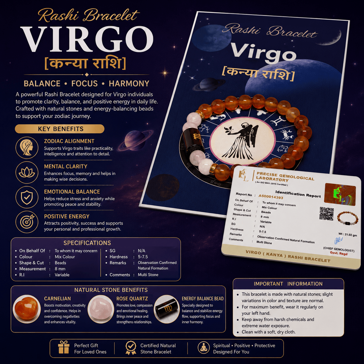 Virgo Zodiac Bracelet (कन्या राशि) – Natural Carnelian & Milky Quartz Crystal Bracelet Virgo Zodiac Bracelet (कन्या राशि) – Natural Carnelian & Milky Quartz Crystal Bracelet