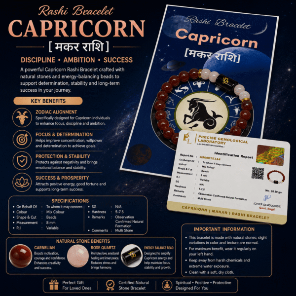 Capricorn Zodiac Bracelet (Makar Rashi) – Natural Garnet & Milky Quartz Crystal Bracelet for Strength, Stability & Focus