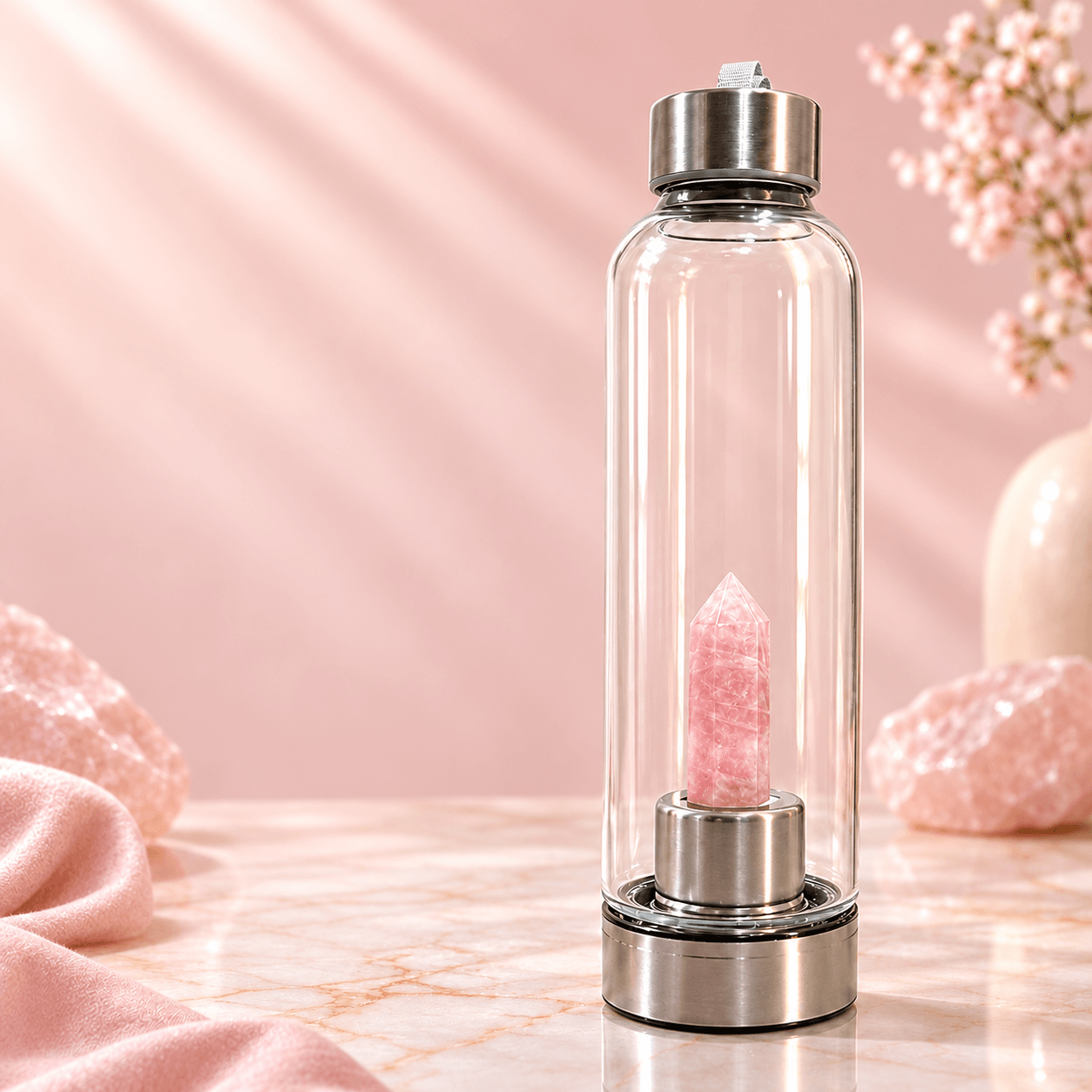 Natural crystal water bottle with crystal point in glass bottle Natural crystal water bottle with crystal point in glass bottle