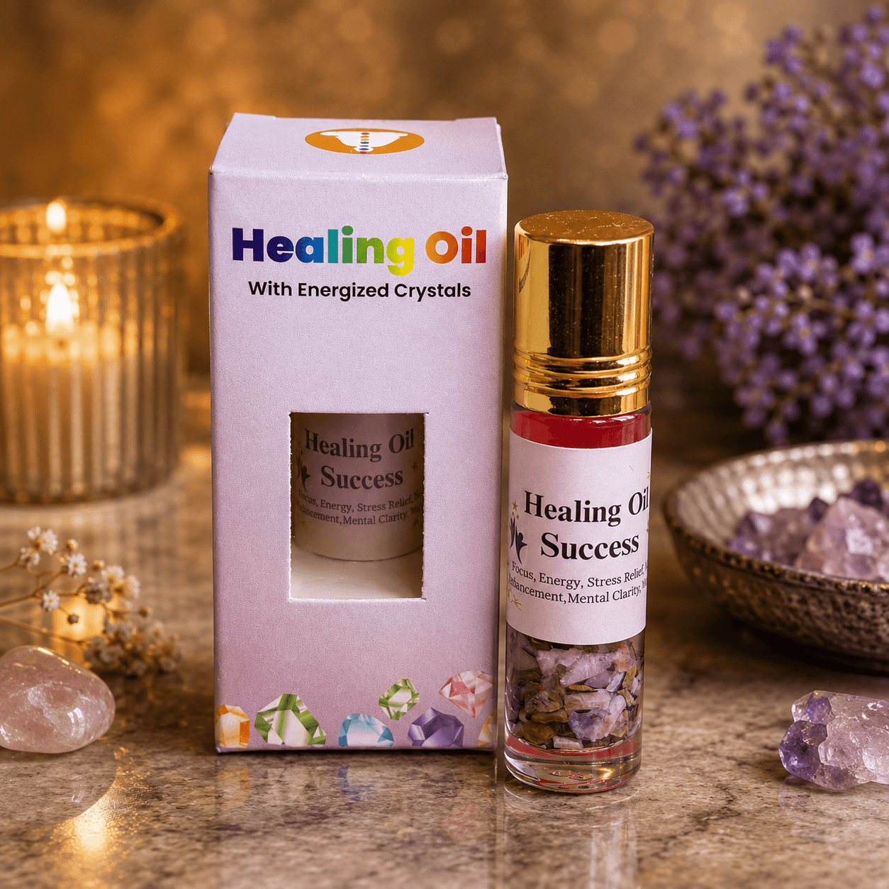 Success Healing Oil with Energized Crystals – Tiger Eye, Clear Quartz & Citrine Success Healing Oil with Energized Crystals – Tiger Eye, Clear Quartz & Citrine