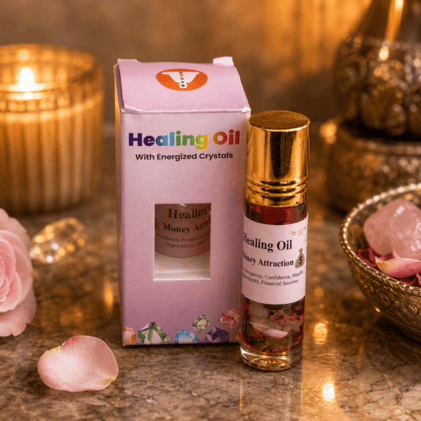 Money Attraction Healing Oil with Energized Crystals – Pyrite, Green Aventurine, Tiger Eye, Citrine, Clear Quartz & Carnelian