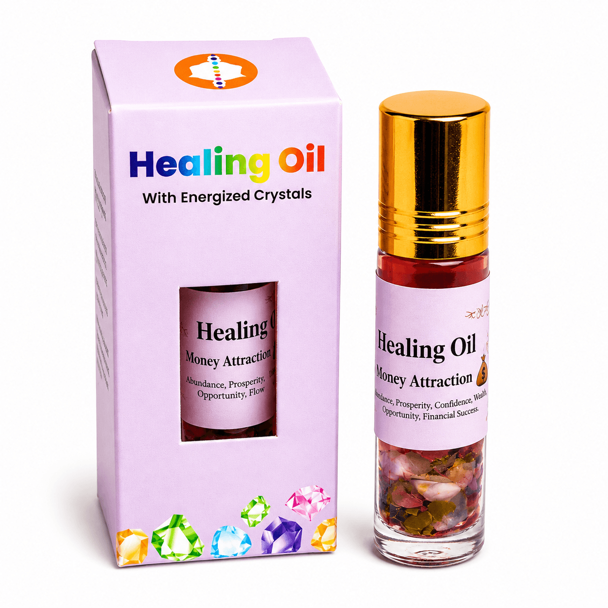 Money Attraction Healing Oil with Energized Crystals – Pyrite, Green Aventurine, Tiger Eye, Citrine, Clear Quartz & Carnelian