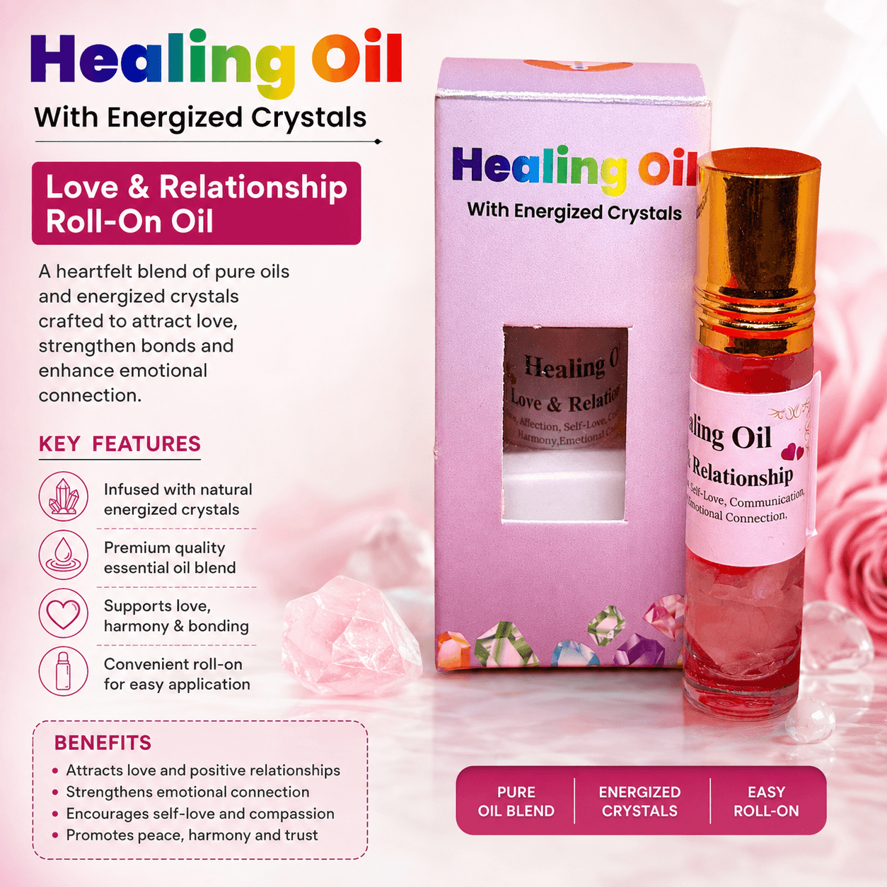 Healing Oil for Love & Relationships with Clear Quartz | Crystal-Infused Energy Oil, Natural Energy Stones