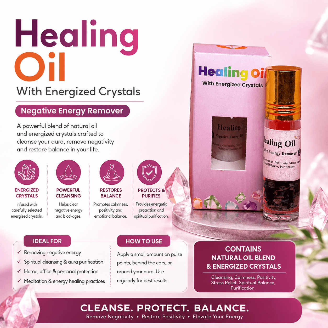 Negative Energy Remover Healing Oil with Black Tourmaline & Moonstone | Crystal Infused Cleansing & Protection Oil Negative Energy Remover Healing Oil with Black Tourmaline & Moonstone | Crystal Infused Cleansing & Protection Oil