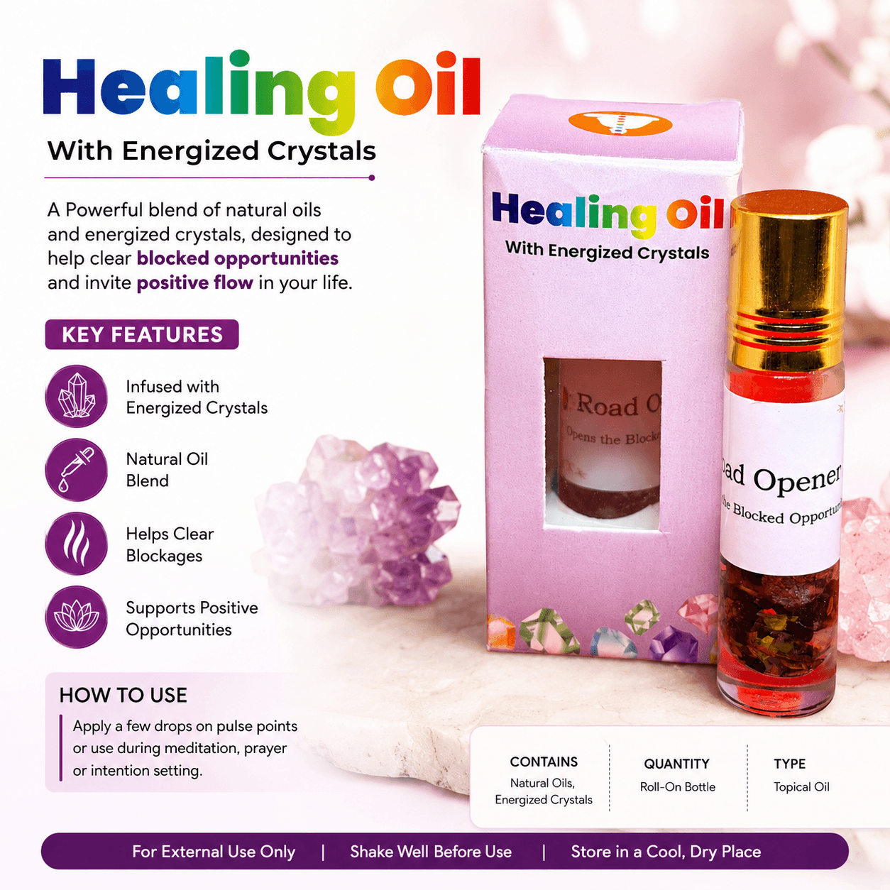 Road Opener Healing Oil with Energized Crystals – Black Obsidian, Pyrite, Clear Quartz & Citrine
