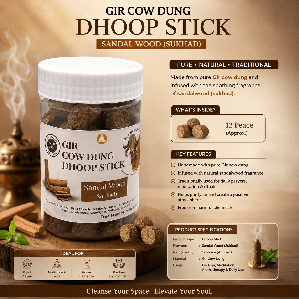 Gir cow dung dhoop sticks by Natural Energy Stones