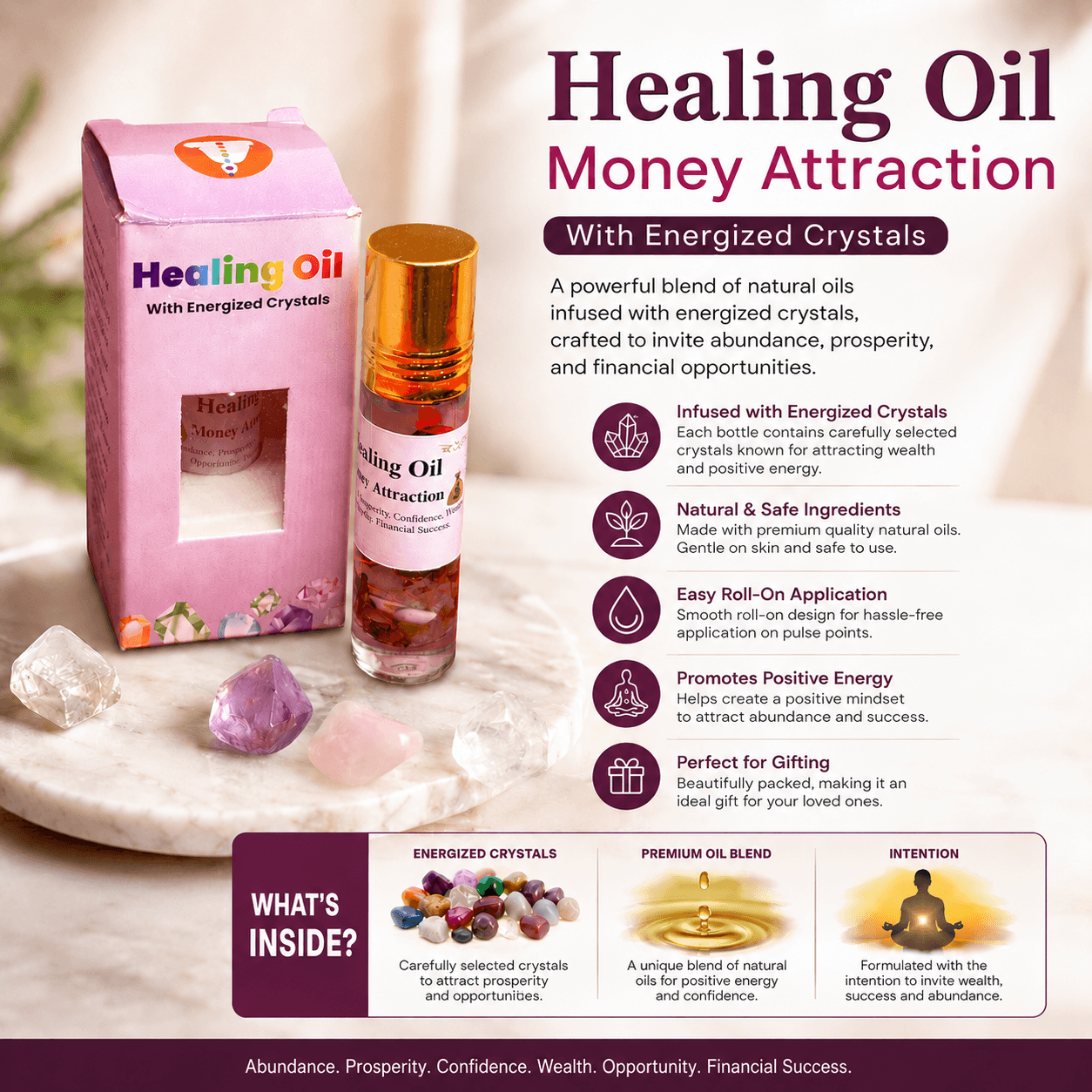 Money Attraction Healing Oil with Energized Crystals – Pyrite, Green Aventurine, Tiger Eye, Citrine, Clear Quartz & Carnelian