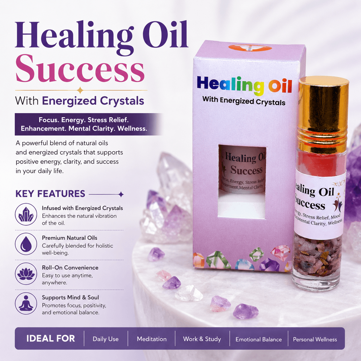 Success Healing Oil with Energized Crystals – Tiger Eye, Clear Quartz & Citrine Success Healing Oil with Energized Crystals – Tiger Eye, Clear Quartz & Citrine